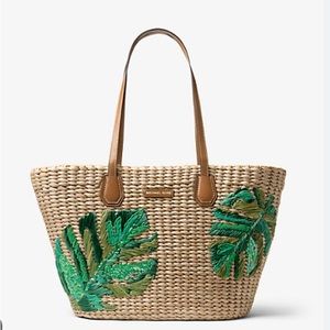Michael Kors Malibu straw tote palm purse bag NWOT